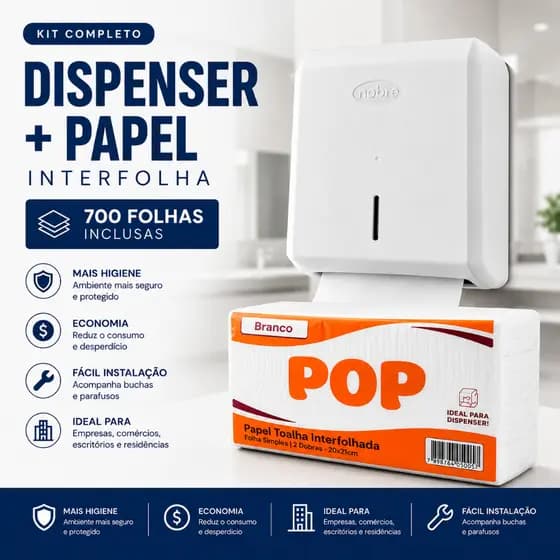 Kit Dispenser Papel Toalha Interfolha + Papel 700 Folhas Nobre Banheiro Comercial