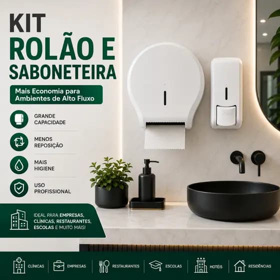 Kit Suporte Rolão Papel Higiênico + Saboneteira | Banheiro Parede Comércio Clínica