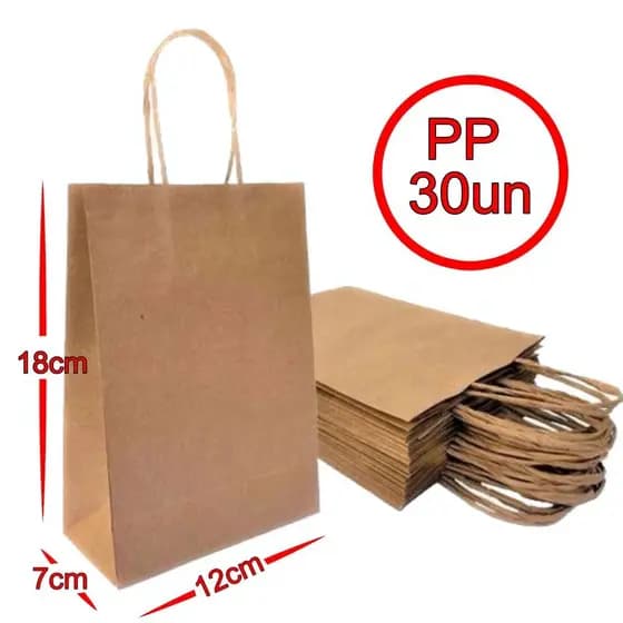 Sacola De Papel Kraft Natural PP 12x18x07cm 30 Unidades