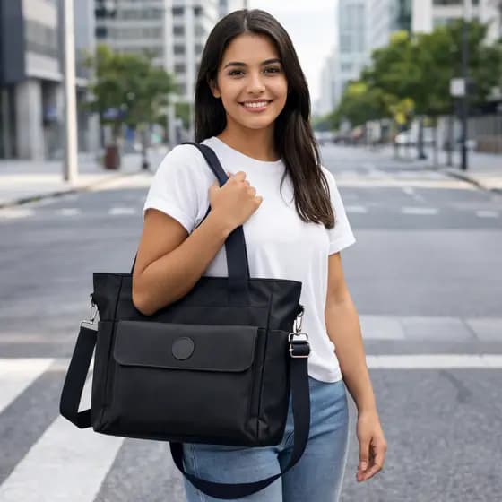Bolsa Tote Bag Tecido Impermeável Trabalho Escola Faculdade Casual Grande Bolsos Alça Ombro e Transversal Moderna