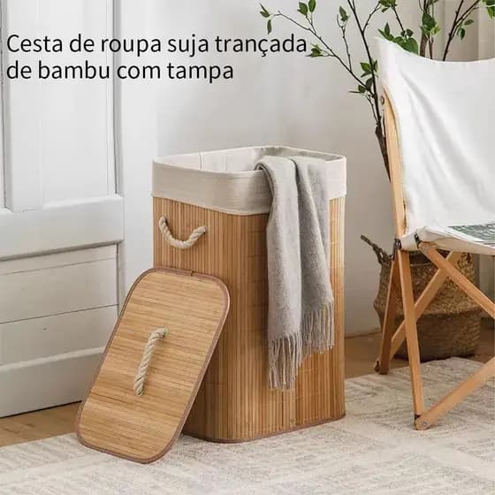Cesto De Roupa Bambu Caixa Suja Bambu Lavanderia Com Tampa e Forrado Grande Organizador Banheiro Organizadora Brinquedos