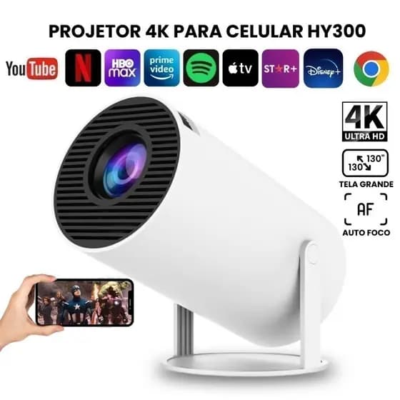 Projetor HY300 Portátil Smart Android 11 4K Ultra HD Wifi Bluetooth Alto Falante Embutido