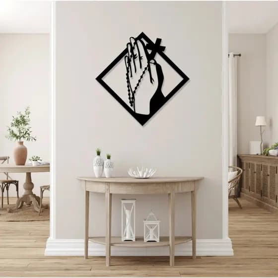Quadro Mãos em Oração com Terço Arte Religiosa para Parede