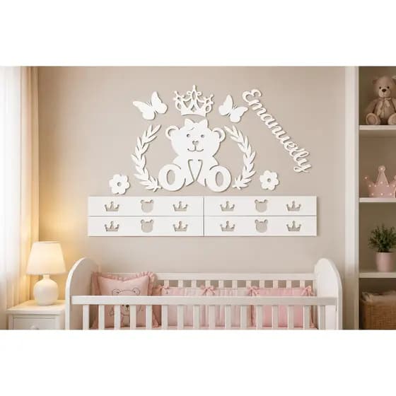 Kit 13 Peças Aplique Painel de Parede Ursa Princesa Lacinho Personalizado Com Nome Decoração Quarto do Bebê