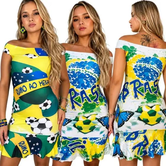Vestido Torcedora Brasil Curto Babado Casual Festa Jogo Futebol Feminino Moda Copa