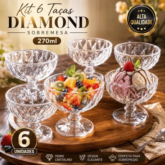 🍨 Kit 6 Taça de Sobremesa Diamond 270ml Vidro Elegante Sorvete Mousse Pudim