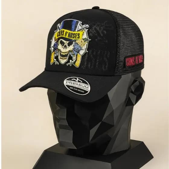 Boné Rock Retrô Caveira Estilizada Masculino Aba Curva Trucker Premium