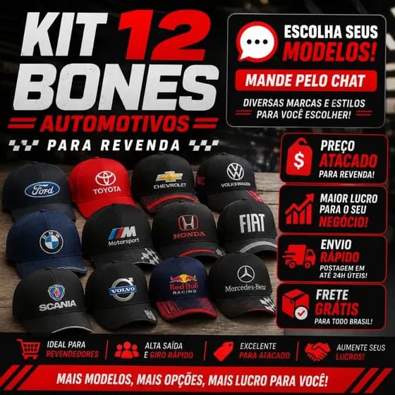 Kit 12 Bonés Automotivos Masculino Atacado Revenda Snapback Trucker Aba Curva Ajustável Envio Rápido