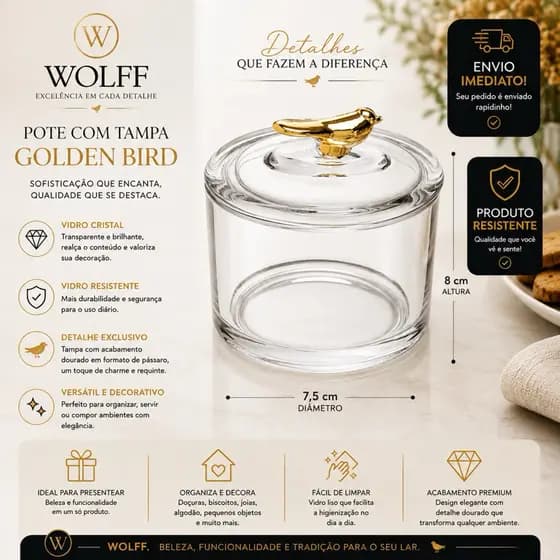 Pote com Tampa Vidro Cristal Decorativo Golden Bird Wolff 7,5 x 8cm Dourado Vidro Resistente Wolff