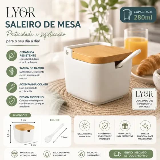 Saleiro de Mesa 12x11 Cerâmica com Tampa em Bambu e Colher Bianco 280ml Resistente Prático Cozinha
