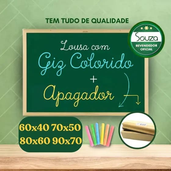 Lousa Quadro Escolar Souza com Porta Giz apagador + Giz 60x40 - 70x50 - 90x70 Educação e Qualidade Escolar