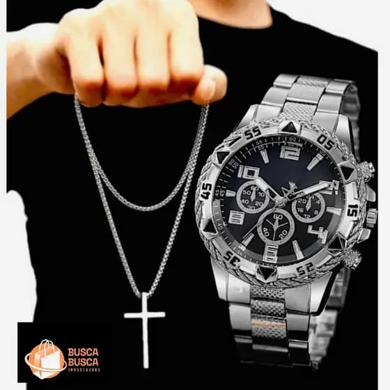 CONJUNTO RELÓGIO AÇO INOX + CORRENTE E PULSEIRA PRATA MASCULINO