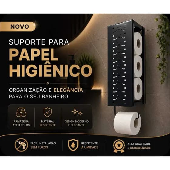Porta Papel Higiênico Suporte Para Papel para Banheiro de Parede Suspenso Estilo Industrial Preto
