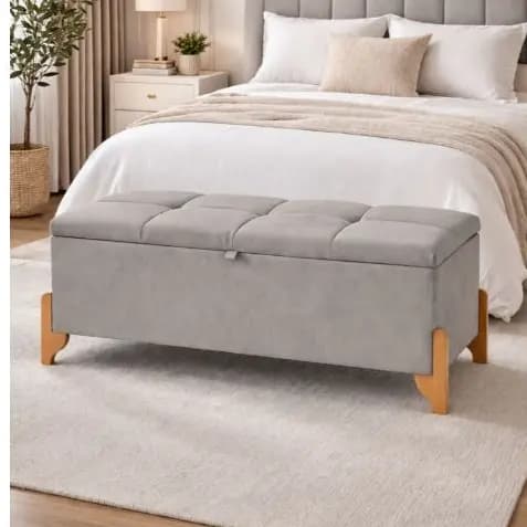 Recamier Baú Cinza 120cm Suede Puff Estofado Calçadeira Banco Organizador Para Quarto