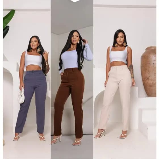 Calça Alfaiataria Social Feminina Cintura Alta ziper Bolsos Moda Luxo Premium