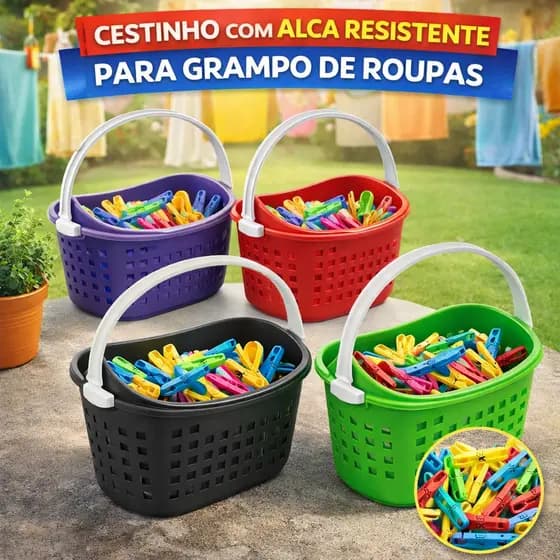 Cesto C/ Alça Plástico Resistente Multiuso Prendedor de Roupa Copa Casa Banheiro Lavanderia