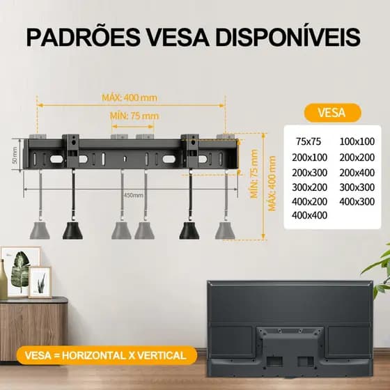 Suporte de parede para TV sem pregos. Não requer furação. Design mecânico com formato irregular, adequado para TVs.