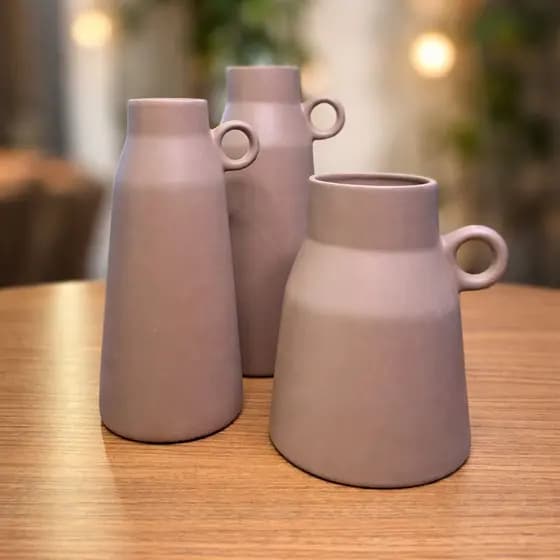 Trio de Vasos Com Alça Decorativo em Cerâmica Design Moderno Minimalista