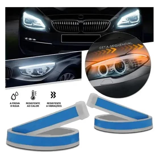 Par de Fita LED Automotiva 60cm 12V Farol DRL Seta Sequencial Iluminação para Carro Luz Azul Amarela