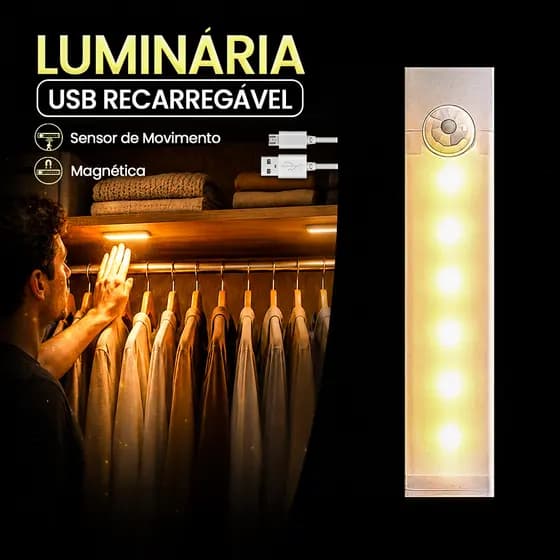 Luminária LED USB Recarregável com Sensor de Movimento Base Magnética Sem Fio