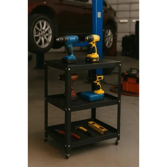 Carrinho Auxiliar Multiuso Preto De Aço Inox/Inox Escovado Para Oficinas Automotivas