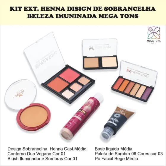Kit Maquiagem Sombras Iluminador Contorno Pó Facial Henna Pronta Para Uso Base Média