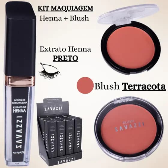 Kit Maquiagem Henna Preto Design de Sobrancelha + Blush Terracota Longa Duração Profissional