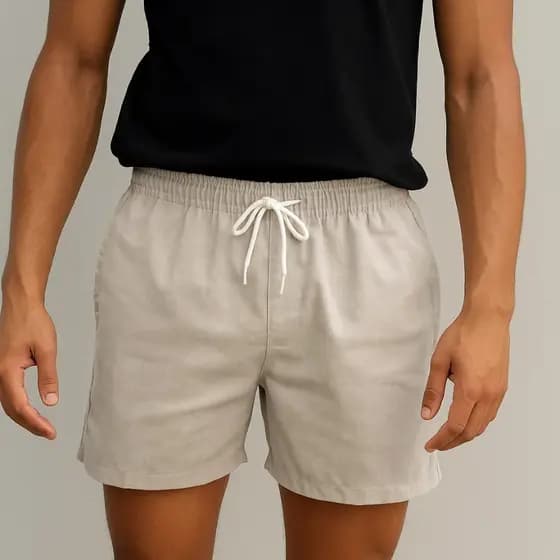 Short Masculino Linho Areia Cintura Elástica Casual Verão, Leve e Confortável