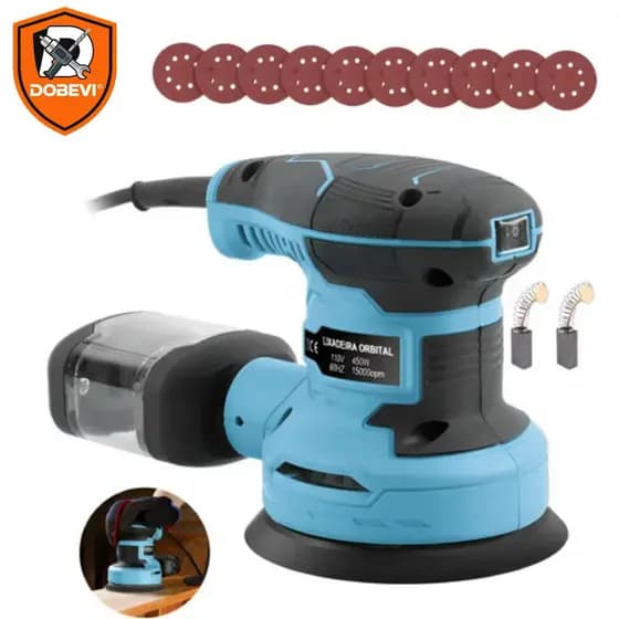 Lixadeira Redonda 450W & 15.000 RPM - 6 Velocidades Ajustáveis + Kit Multiuso com Coletor de Pó Industrial DOBEVI