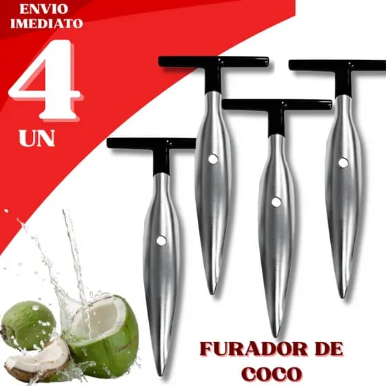 Kit 4 Furador de Coco Aço Inox com Cabo Ergonômico Abridor Fácil Resistente para Coco Verde e Seco