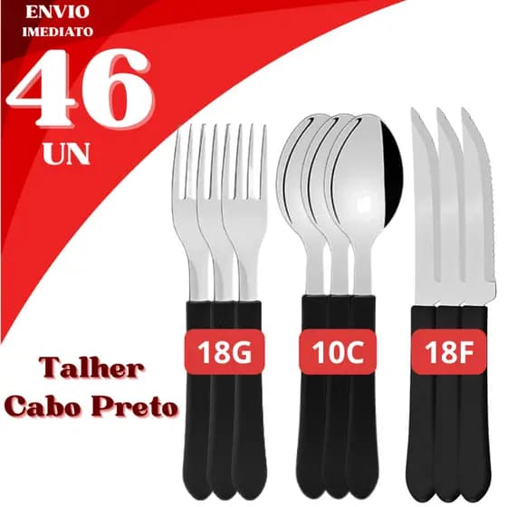 Jogo 46 Talheres Cabo Preto Inox Facas Garfos Colheres Resistentes Refeição Cozinha Jantar Churrasco