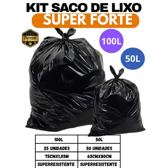 Saco de Lixo Super Resistente – 100L (25 unid) e 50L (50 unid) | Reforçado, Não Rasga e Não Vaza