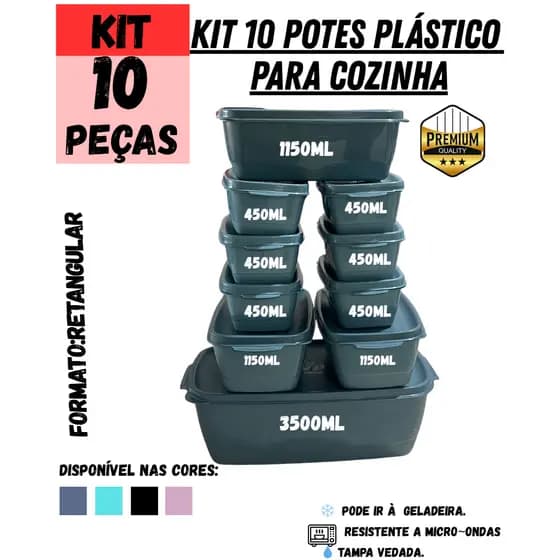 Kit Premium 10 Potes Herméticos Retangulares Organização Completa Sofisticada para Cozinha Alimentos Mantimentos