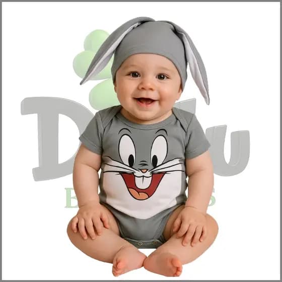 Body de Bebê Perna Longa + Touca - Body Mêsversario Temático Coelho
