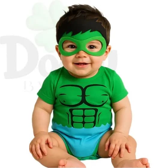 Body de Bebê Hulk + Mascara Infantil Linha Premium Mêsversario Tematico
