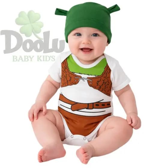 Body de Bebê Shrek Temático Mêsversario + Touca Shirek