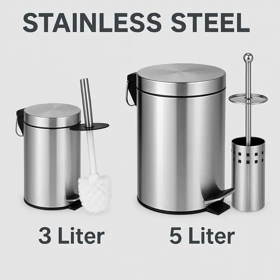 Kit Lixeira Inox 5L ou 3L com Cesto Removível e Pedal + Escova Sanitária
