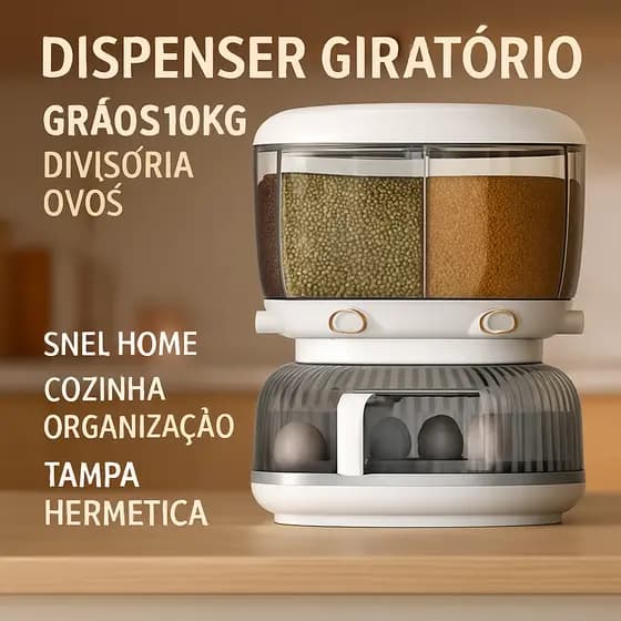 Dispenser Giratório Grãos 10Kg Divisória Ovos Snel Home Cozinha Organização Tampa Hermética