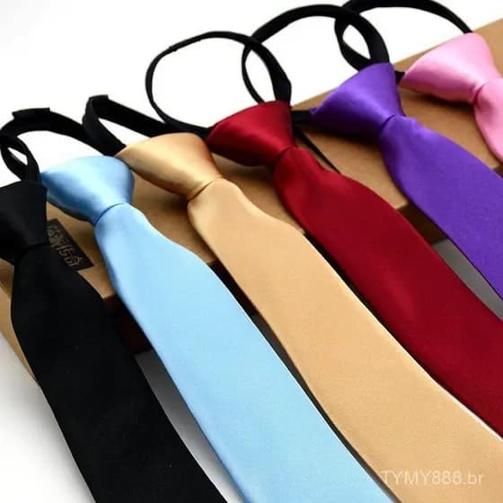 Gravata masculina semi-ajustada com zíper, pré-amarrada. | Adultos e adolescentes | Várias cores, toque sedoso