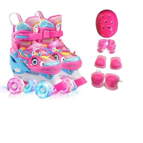 Patins Infantil 4 RodaS+kit Proteção Incluso-unicórnio-COM AJUSTE DE TAMANHO-RODINHAS QUE BRILHAM