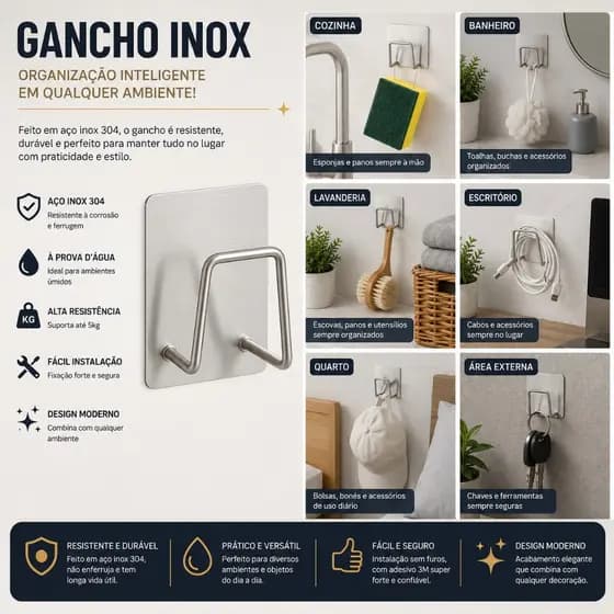 Gancho Aço Inox Com Adesivo Para Esponja Cozinha Parede e Banheiro Multifuncional