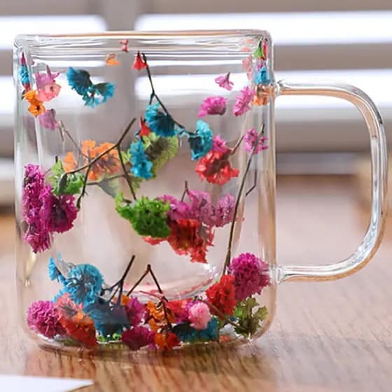 Caneca Parede Dupla de Vidro Borossilicato com Detalhes de Flores Secas Colors 110ml Resistente Ao Calor