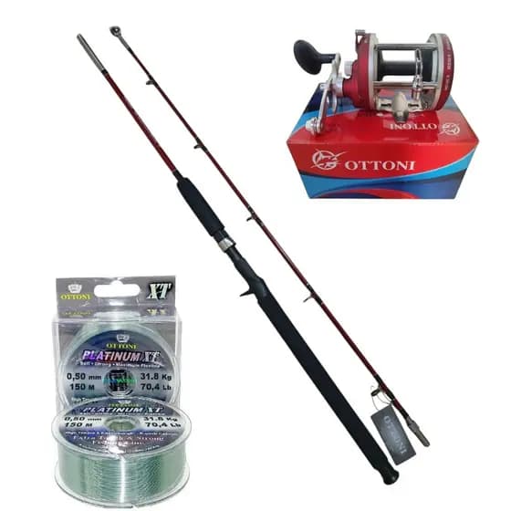 Kit Para Pesca De Peixes Grandes - Carretilha Bruta JJ300 + Vara 80Lbs Trava Rosca 100m Linha Mono