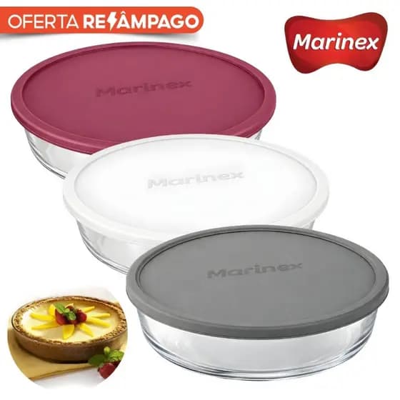 Kit Jogo 3 Forma Assadeira Redonda c/Tampa Sortidas Vidro Marinex 2,4 Litros Forma Sobremesa