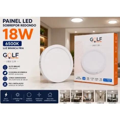 Painel Plafon LED Redondo de Sobrepor 18W 6500K Luz Branco Frio Bivolt 1300 Lumens