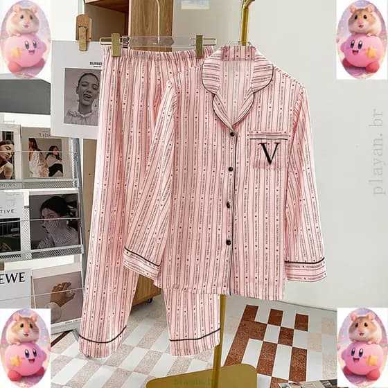 Pijama feminino Listrado Moda Seda Manga Longa Calças Pijama Set PC94