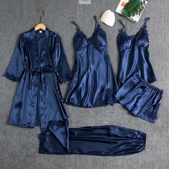 5 Peças Roupão De Seda Roupa De Dormir Feminina Renda Cetim Pijama Conjunto Com Decote Em V Cami Camisola U