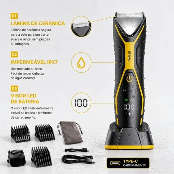 ENSSU Aparador de Pelos à Prova d’Água LED Corpo Barba Cabelo Virilha Uso Íntimo Cerâmica USB