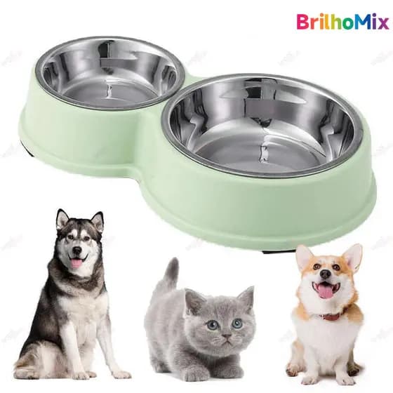 Comedouro e Bebedouro Duplo em Aço Inoxidável Antiderrapante para Cães e Gatos