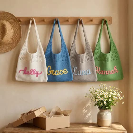 Bolsa de ombro de malha bordada à mão, personalizada, estilo coreano, bolsa tote versátil com design vazado, bolsa tecid